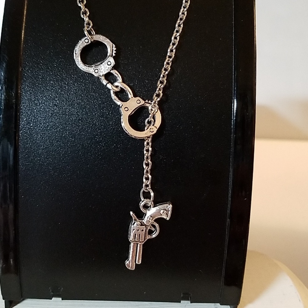 Handcuff & Pistol Gun Silver Tone Necklace 18"